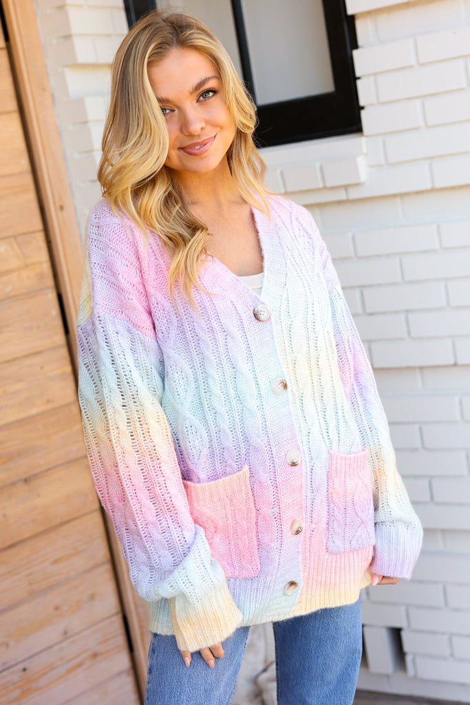 Face The Day Rainbow Ombre Cable Knit Cardigan-Timber Brooke Boutique, Online Women's Fashion Boutique in Amarillo, Texas