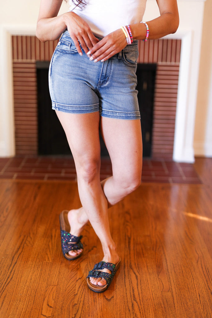 Medium Blue Mid-Rise Button Flap Back Pocket Denim Shorts-Timber Brooke Boutique, Online Women's Fashion Boutique in Amarillo, Texas
