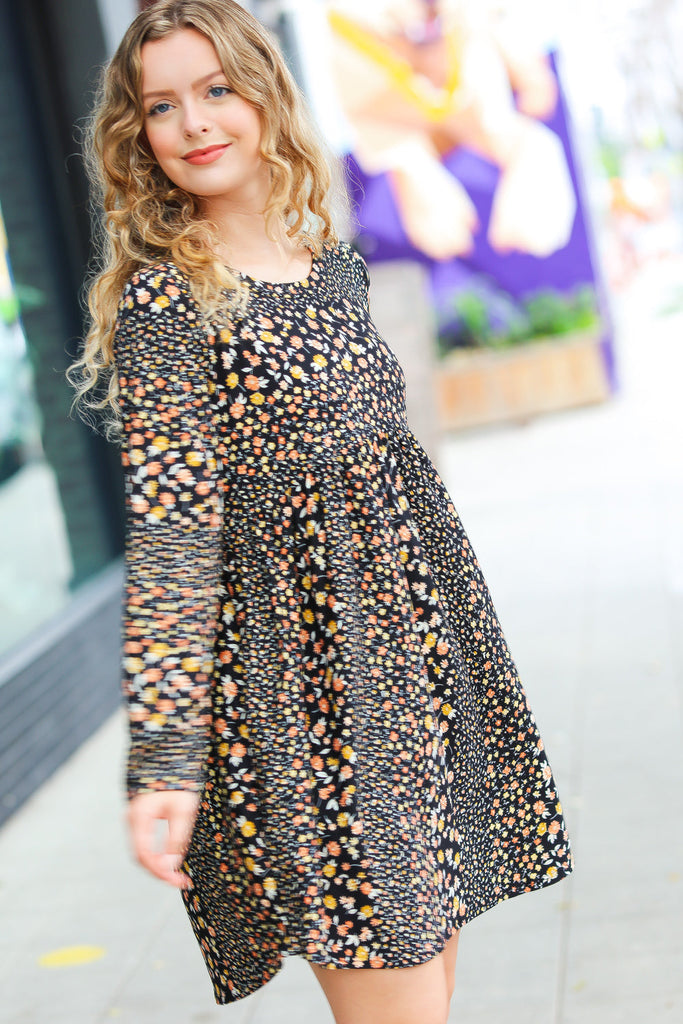 Feeling Adorable Black Ditzy Floral Long Sleeve Babydoll Dress-Dresses-Timber Brooke Boutique, Online Women's Fashion Boutique in Amarillo, Texas