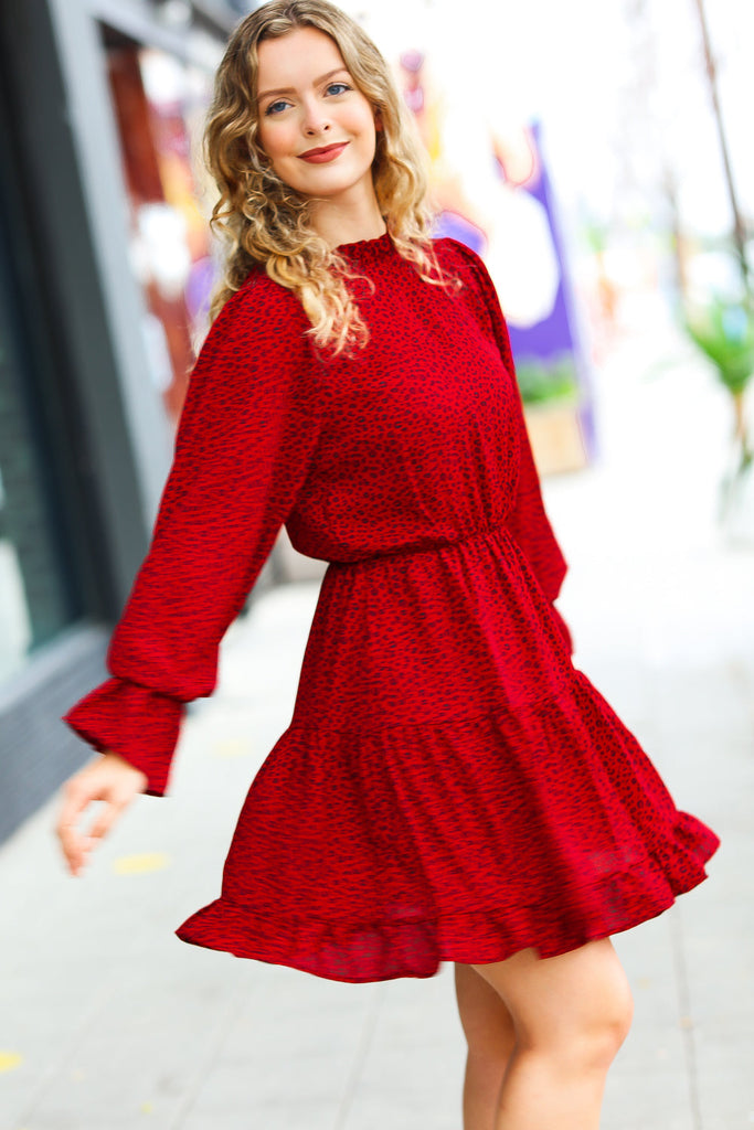 Simply Merry Burnt Red Animal Print Mock Neck Tiered Dress-Timber Brooke Boutique, Online Women's Fashion Boutique in Amarillo, Texas