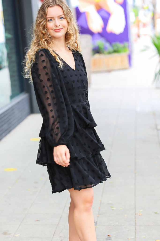Holiday Vixen Black Chiffon Swiss Dot V Neck Tiered Ruffle Dress-Timber Brooke Boutique, Online Women's Fashion Boutique in Amarillo, Texas