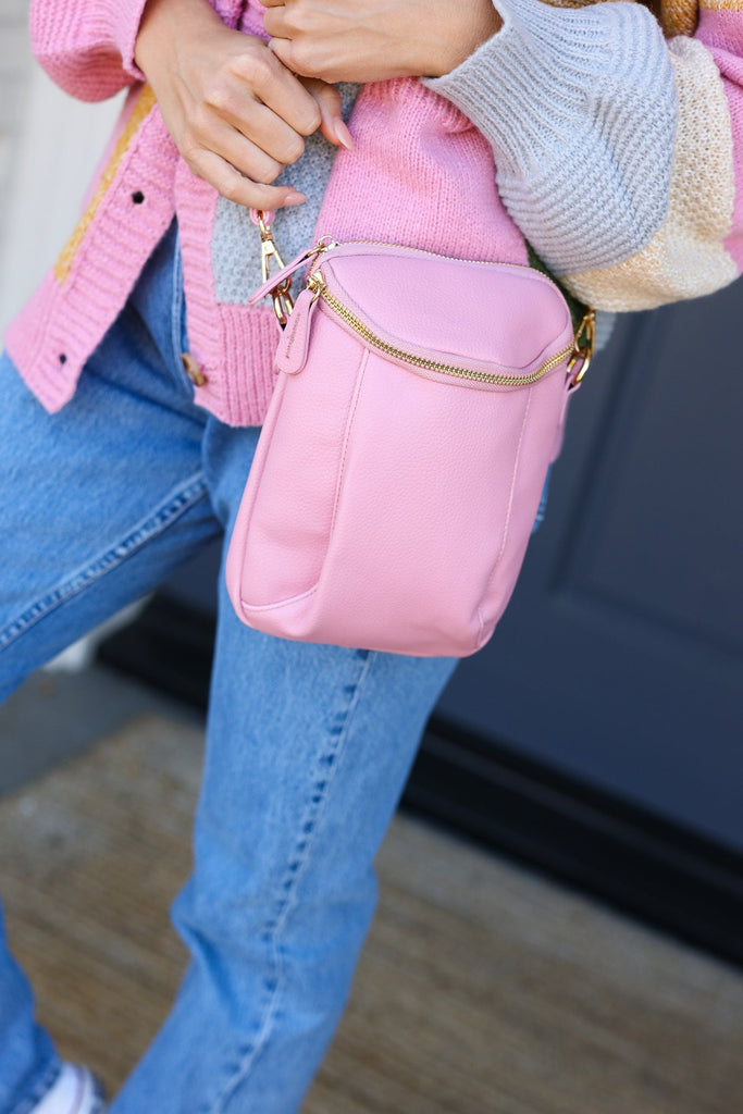 Pink Vegan Leather Two Pocket Mini Cross Body-Timber Brooke Boutique, Online Women's Fashion Boutique in Amarillo, Texas