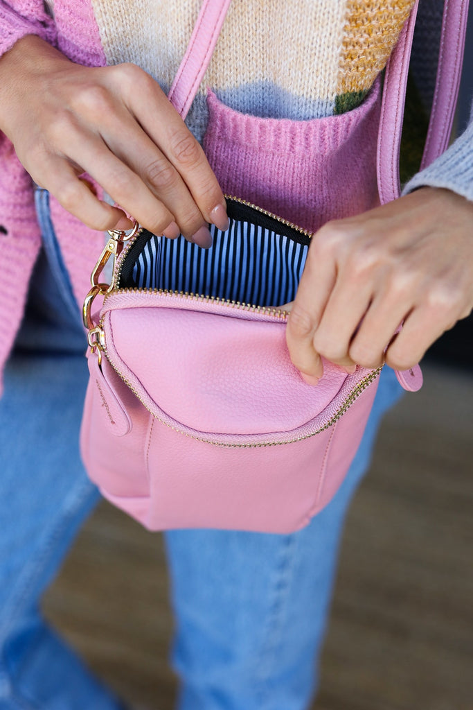 Pink Vegan Leather Two Pocket Mini Cross Body-Timber Brooke Boutique, Online Women's Fashion Boutique in Amarillo, Texas