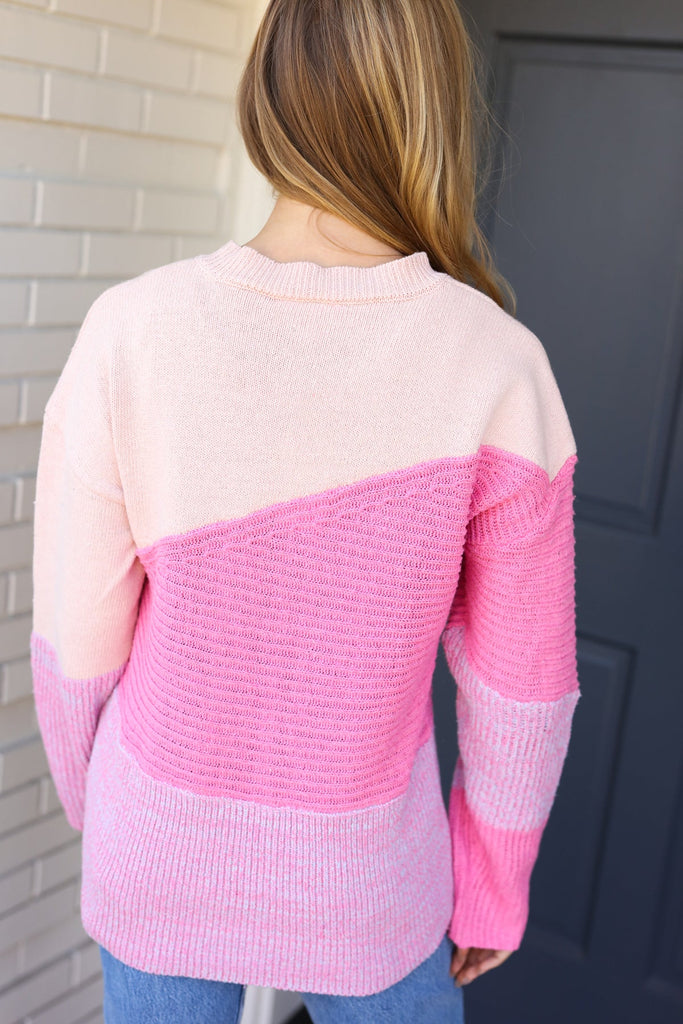Make You Smile Pink Diagonal Color Block Sweater-Timber Brooke Boutique, Online Women's Fashion Boutique in Amarillo, Texas