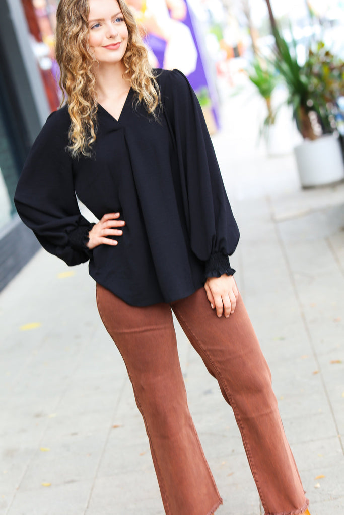Feeling Bold Black Banded V Neck Smocked Top-Long Sleeve Tops-Timber Brooke Boutique, Online Women's Fashion Boutique in Amarillo, Texas