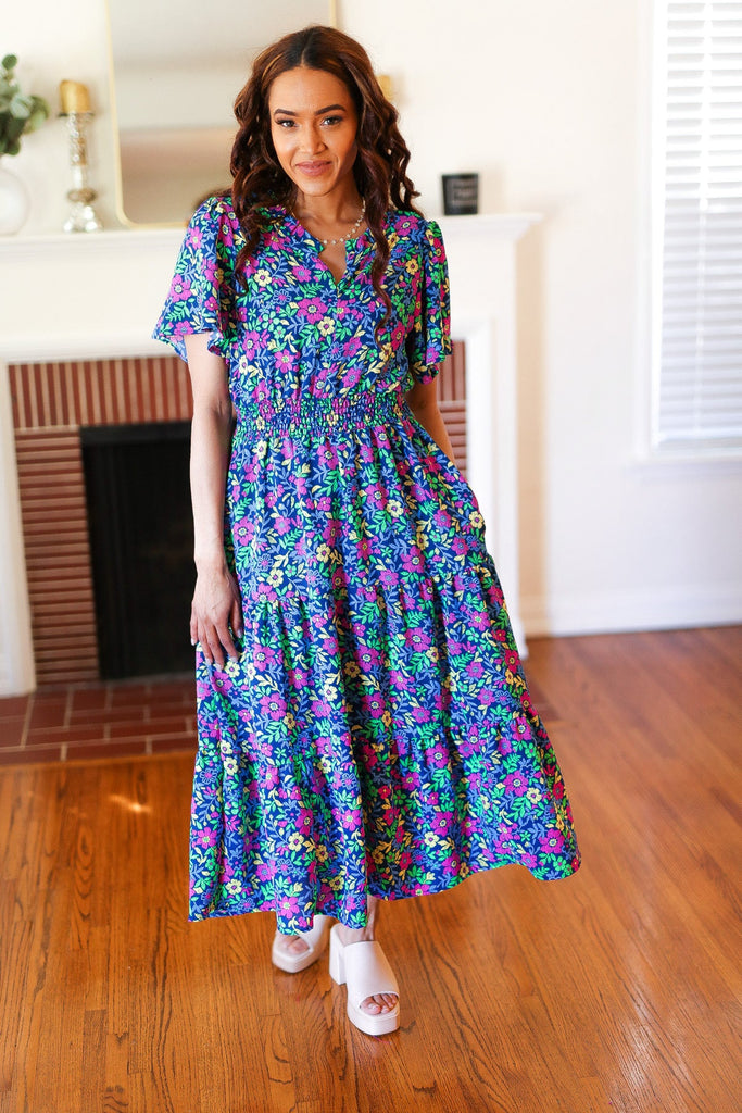 Eyes On You Navy Neon Floral Smocked Waist Maxi Dress-Timber Brooke Boutique, Online Women's Fashion Boutique in Amarillo, Texas
