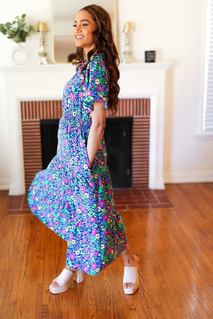 Eyes On You Navy Neon Floral Smocked Waist Maxi Dress-Timber Brooke Boutique, Online Women's Fashion Boutique in Amarillo, Texas
