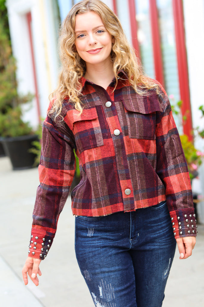 City Streets Burgundy & Rust Plaid Studded Cropped Jacket-Timber Brooke Boutique, Online Women's Fashion Boutique in Amarillo, Texas