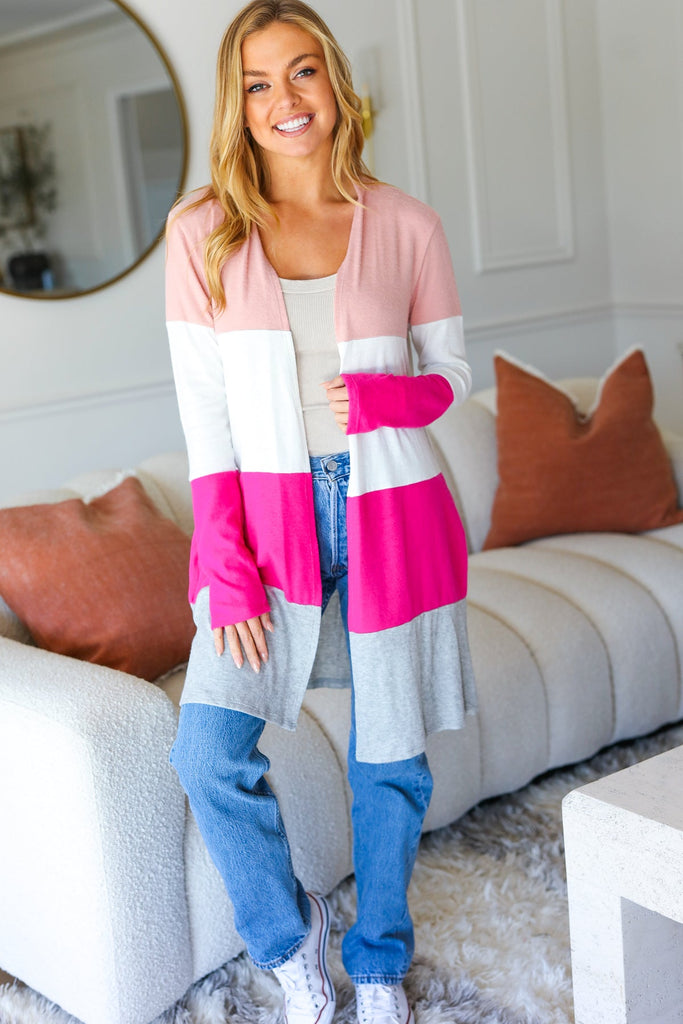 Face The Day Blush Wide Stripe Hacci Colorblock Cardigan-Timber Brooke Boutique, Online Women's Fashion Boutique in Amarillo, Texas