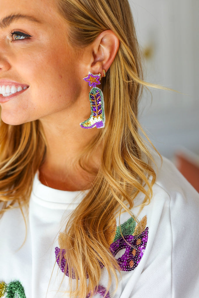Mardi Gras Sequin & Beaded Cowboy Boot Dangle Earrings-Timber Brooke Boutique, Online Women's Fashion Boutique in Amarillo, Texas