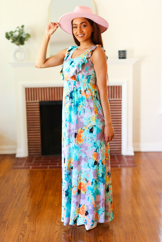 Feeling Elegant Seafoam Floral Print Ruffle Maxi Dress-Timber Brooke Boutique, Online Women's Fashion Boutique in Amarillo, Texas