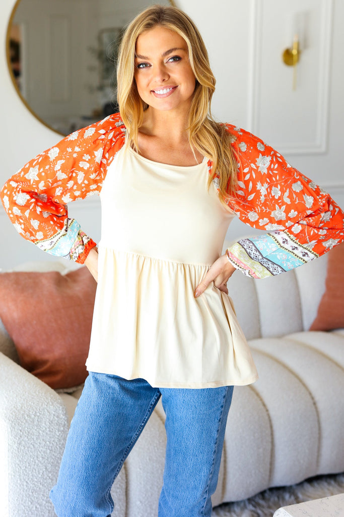 Hello Beautiful Oatmeal & Orange Square Neck Paisley Floral Blouse-Timber Brooke Boutique, Online Women's Fashion Boutique in Amarillo, Texas