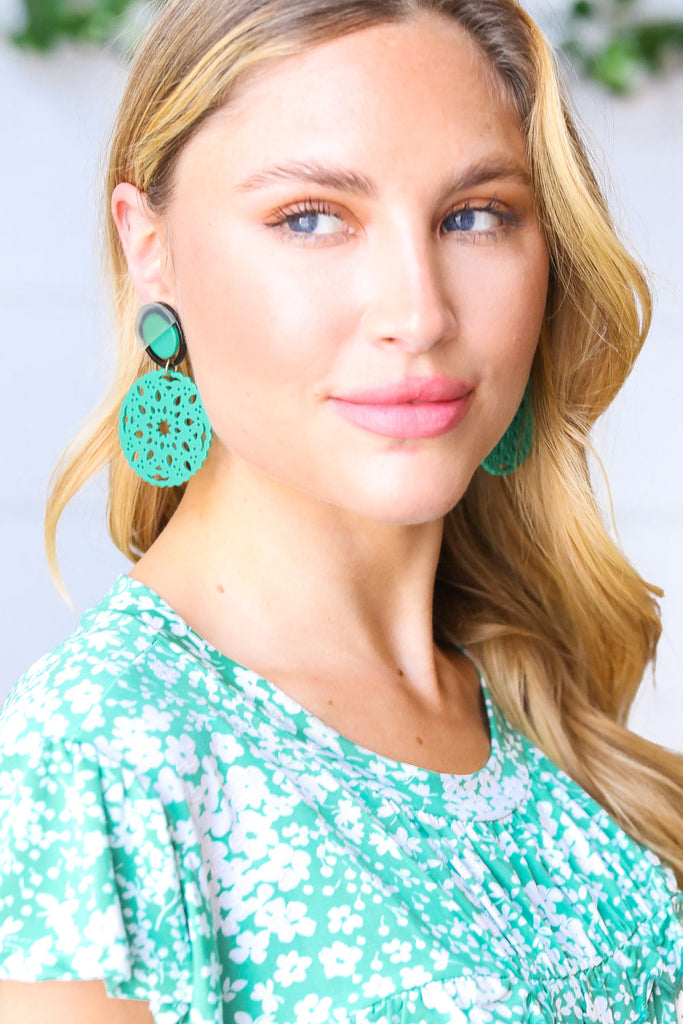 Teal Crochet Carved Disc Dangle Earrings-Jewelry-Timber Brooke Boutique, Online Women's Fashion Boutique in Amarillo, Texas