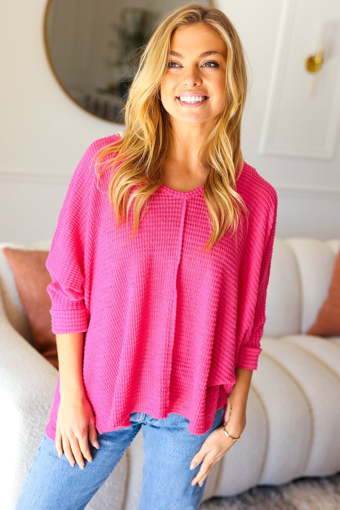 Happy Thoughts Fuchsia Jacquard Hi-Low V Neck Sweater-Timber Brooke Boutique, Online Women's Fashion Boutique in Amarillo, Texas