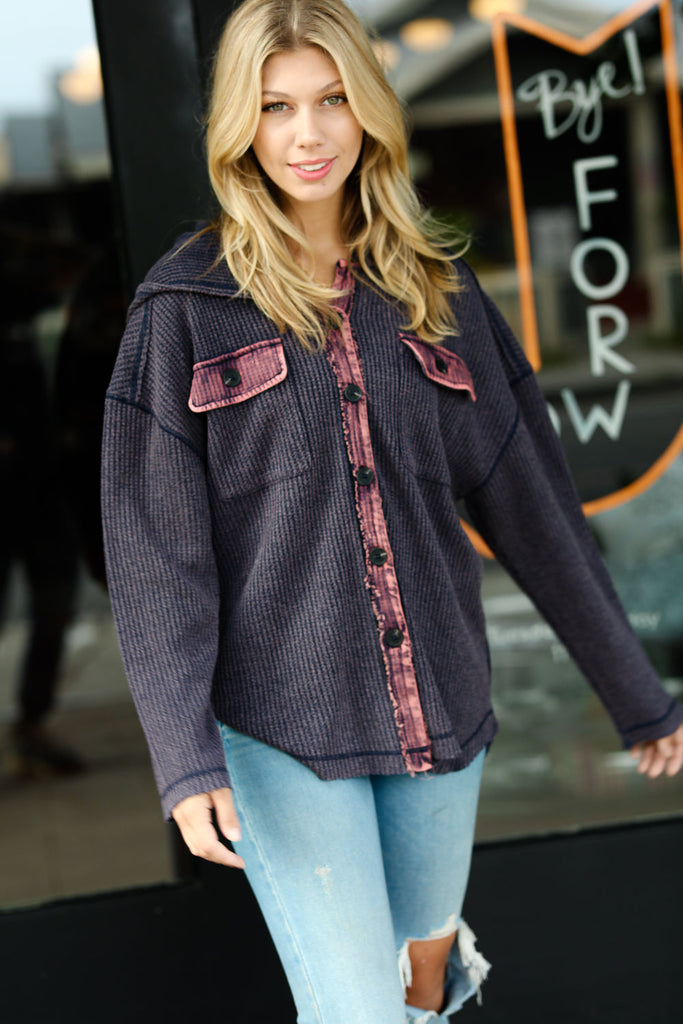 Denim Waffle Rib Hooded Washed Shacket-Timber Brooke Boutique, Online Women's Fashion Boutique in Amarillo, Texas