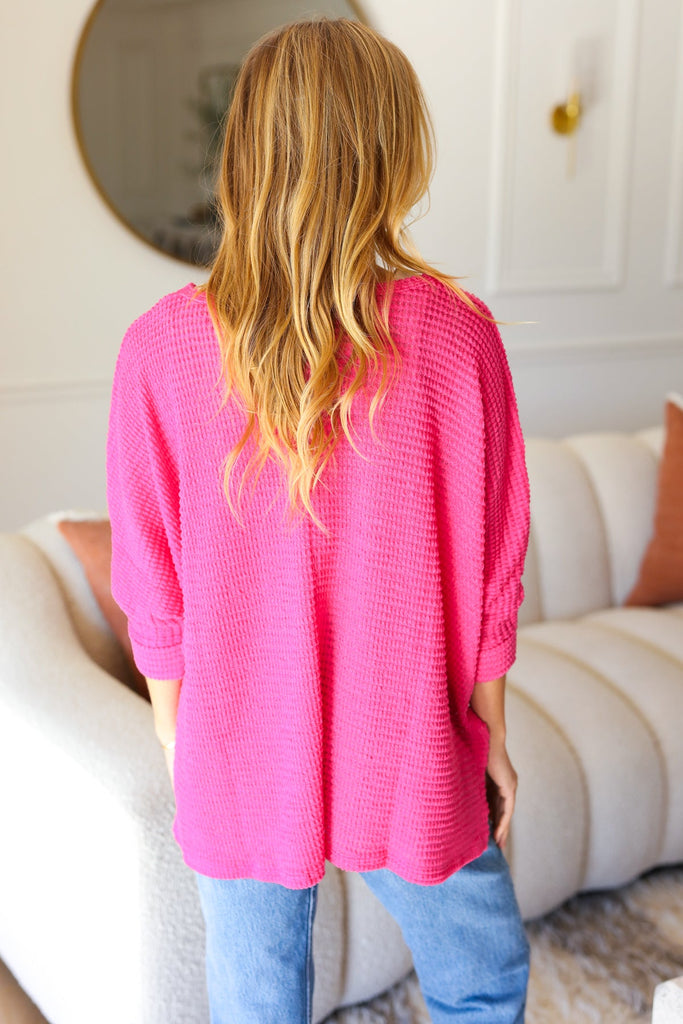 Happy Thoughts Fuchsia Jacquard Hi-Low V Neck Sweater-Timber Brooke Boutique, Online Women's Fashion Boutique in Amarillo, Texas