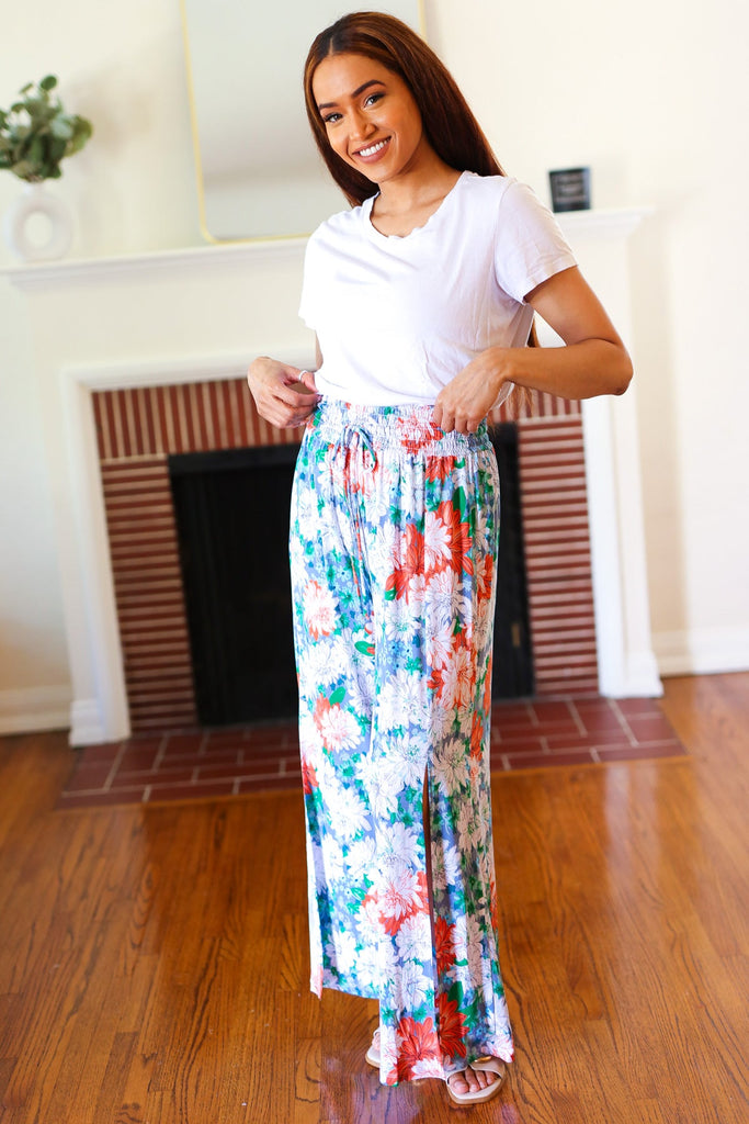 Vacay Vibes Green Floral Smocked Waist Side Slit Palazzo Pants-Timber Brooke Boutique, Online Women's Fashion Boutique in Amarillo, Texas