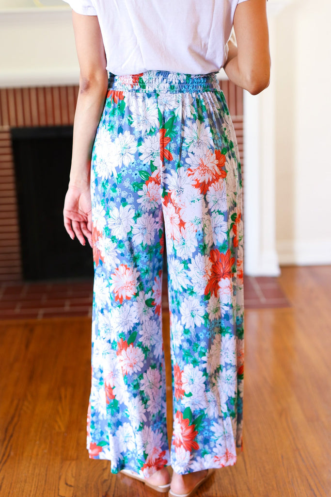 Vacay Vibes Green Floral Smocked Waist Side Slit Palazzo Pants-Timber Brooke Boutique, Online Women's Fashion Boutique in Amarillo, Texas