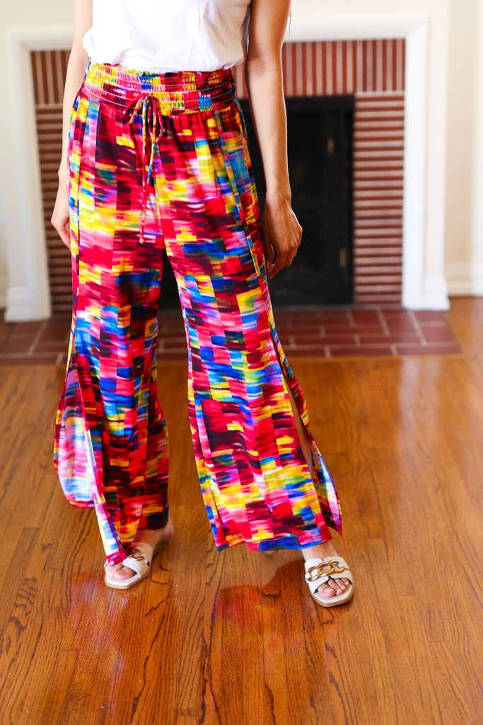 Vacay Vibes Kaleidoscope Smocked Waist Side Slit Palazzo Pants-Timber Brooke Boutique, Online Women's Fashion Boutique in Amarillo, Texas