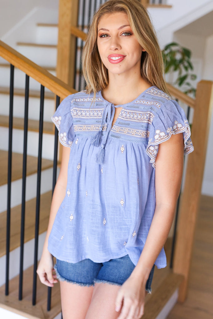 Remember Me Blue Cotton Embroidered Scalloped Sleeve Top-Short Sleeve Top-Timber Brooke Boutique, Online Women's Fashion Boutique in Amarillo, Texas