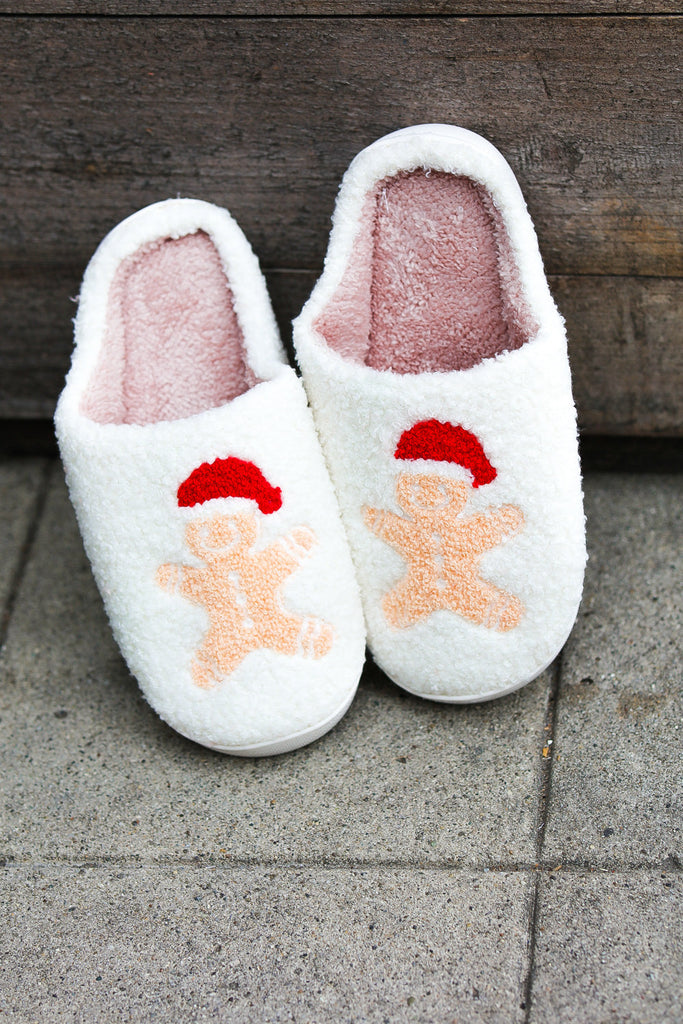 Holiday Gingerbread Print Fleece Slippers-Timber Brooke Boutique, Online Women's Fashion Boutique in Amarillo, Texas