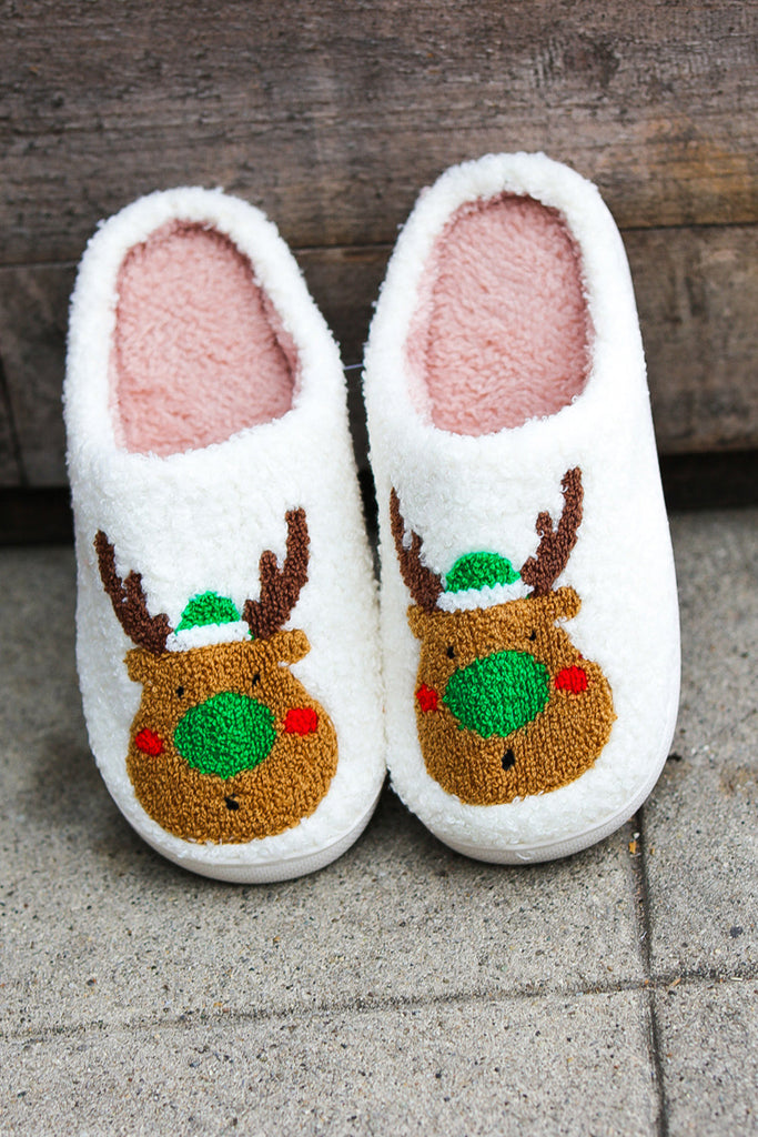 Holiday Reindeer Print Fleece Slippers-Timber Brooke Boutique, Online Women's Fashion Boutique in Amarillo, Texas