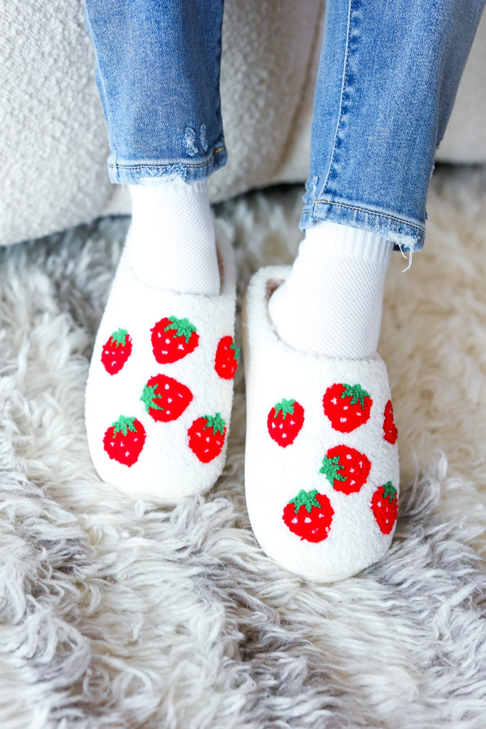 Strawberry Print Fleece Slippers-Timber Brooke Boutique, Online Women's Fashion Boutique in Amarillo, Texas