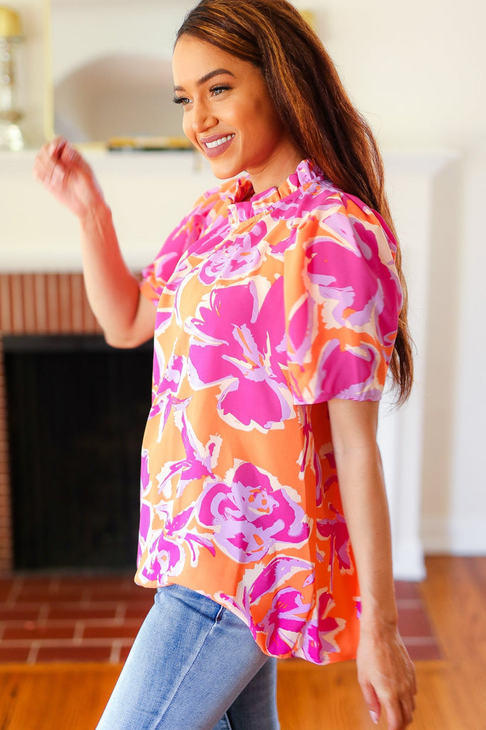 Feel Your Best Fuchsia Orange Floral Print Frill Mock Neck Top-Timber Brooke Boutique, Online Women's Fashion Boutique in Amarillo, Texas