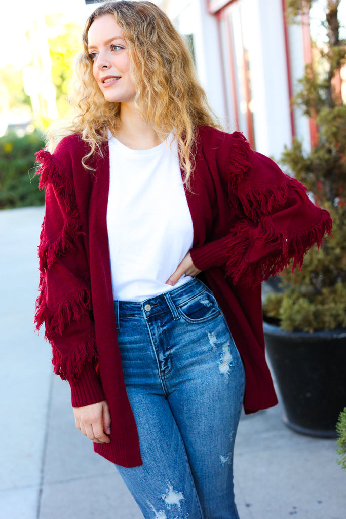 Make Your Day Burgundy Fringe Detail Open Cardigan-Timber Brooke Boutique, Online Women's Fashion Boutique in Amarillo, Texas