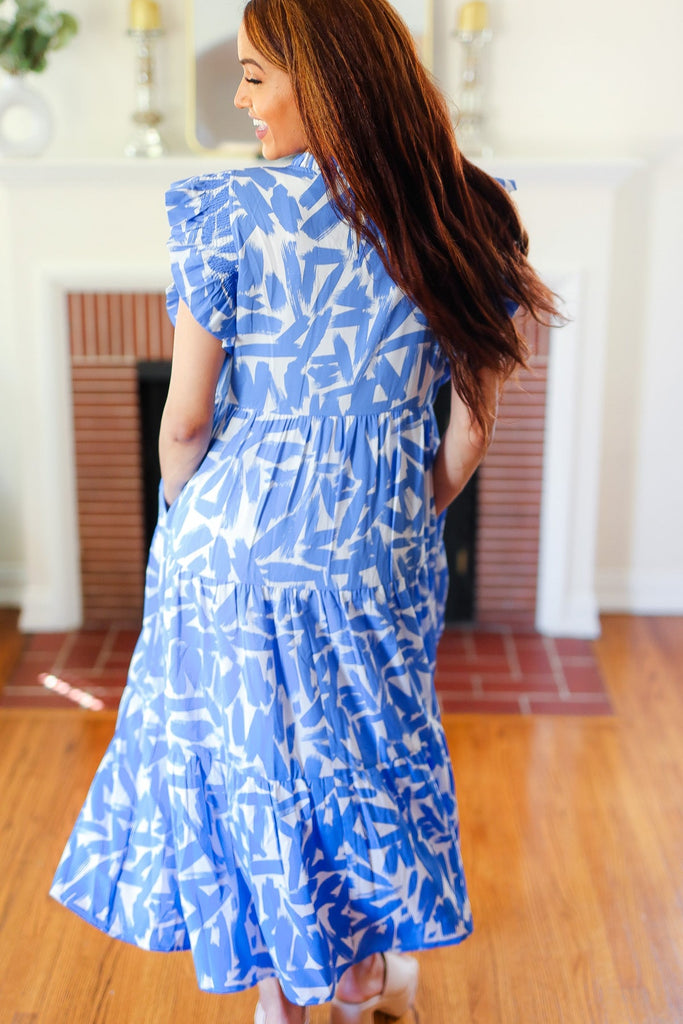 Love Found Sky Blue Abstract Print Tiered Smocked Ruffle Sleeve Maxi Dress-Maxi Dresses-Timber Brooke Boutique, Online Women's Fashion Boutique in Amarillo, Texas