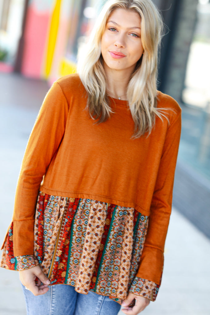 Autumn Days Rust Babydoll Paisley Bell Sleeve Top-Timber Brooke Boutique, Online Women's Fashion Boutique in Amarillo, Texas