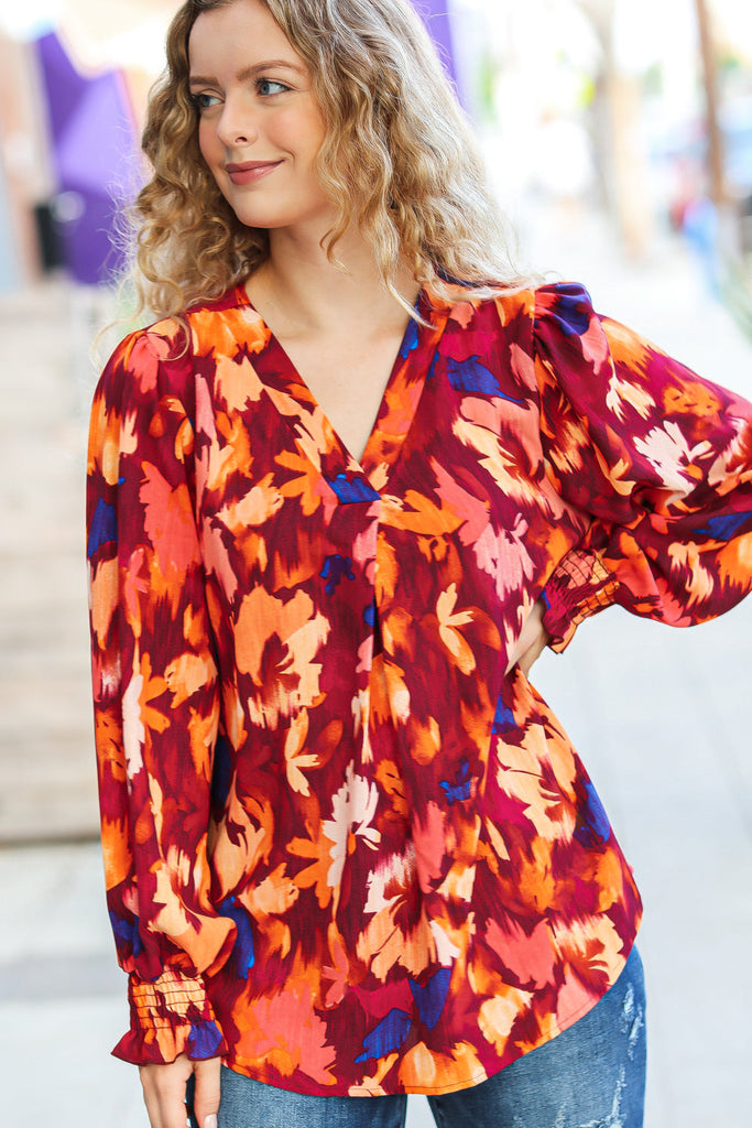 Face The Day Burgundy Floral Abstract Print V Neck Smocked Top-Timber Brooke Boutique, Online Women's Fashion Boutique in Amarillo, Texas