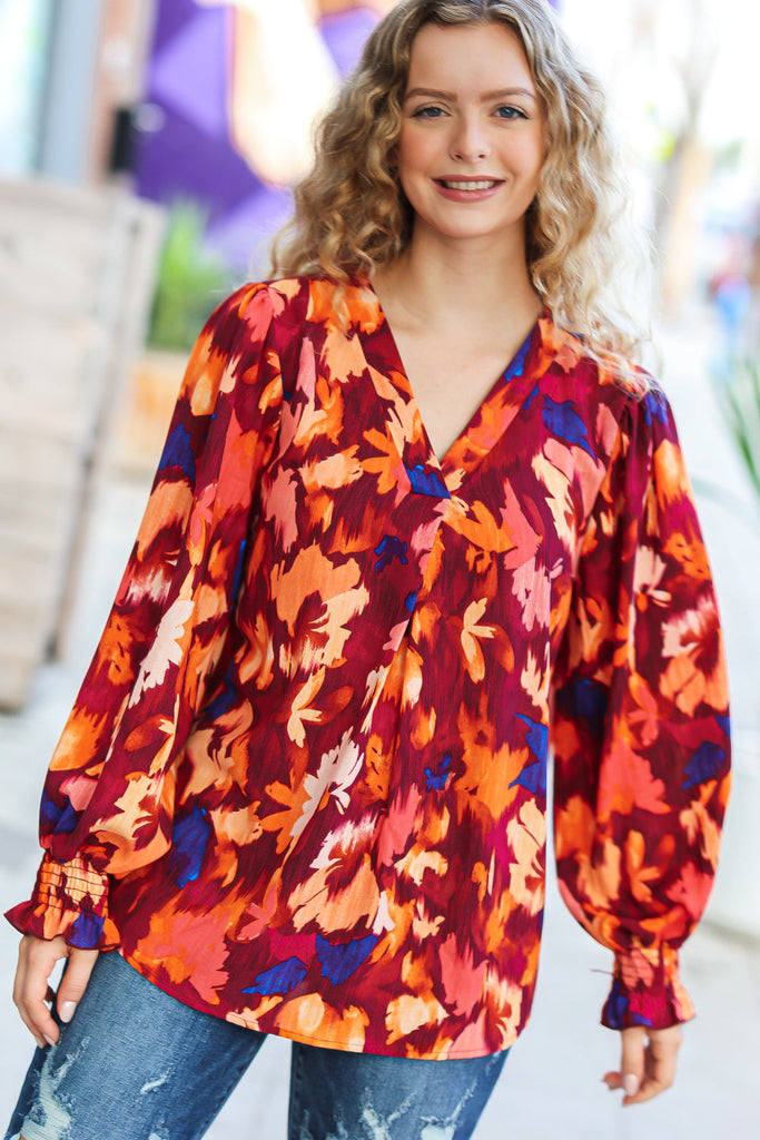 Face The Day Burgundy Floral Abstract Print V Neck Smocked Top-Timber Brooke Boutique, Online Women's Fashion Boutique in Amarillo, Texas