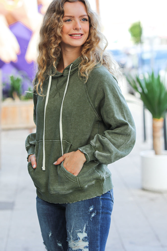 Know Yourself Olive Acid Wash Fleece Lined Hoodie-Hoodies-Timber Brooke Boutique, Online Women's Fashion Boutique in Amarillo, Texas