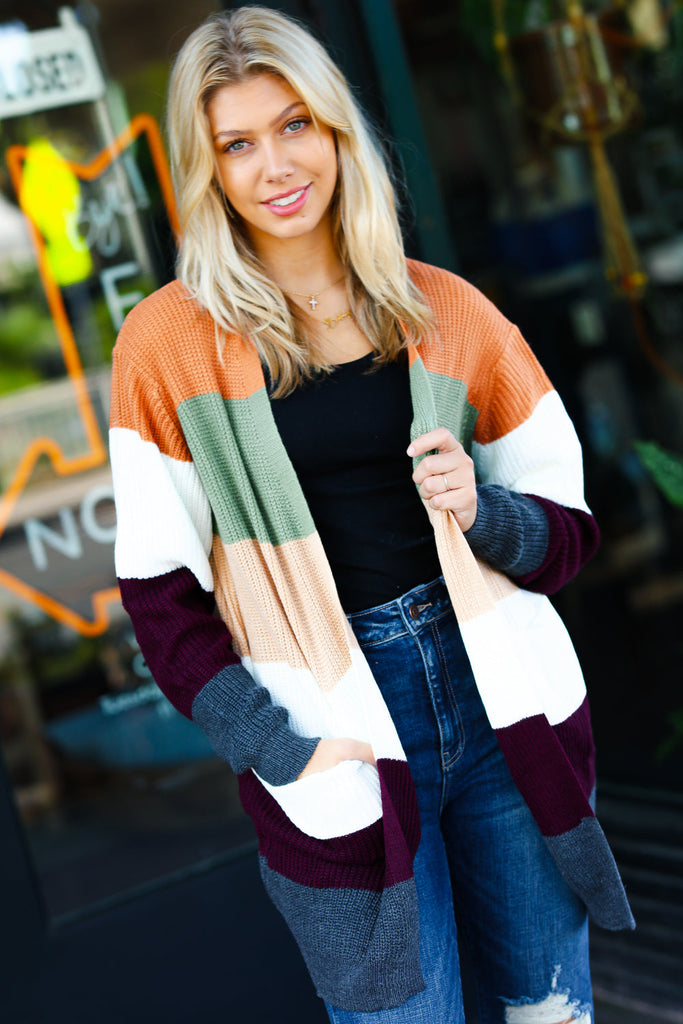 Perfectly You Plum & Olive Color Block Open Cardigan-Timber Brooke Boutique, Online Women's Fashion Boutique in Amarillo, Texas