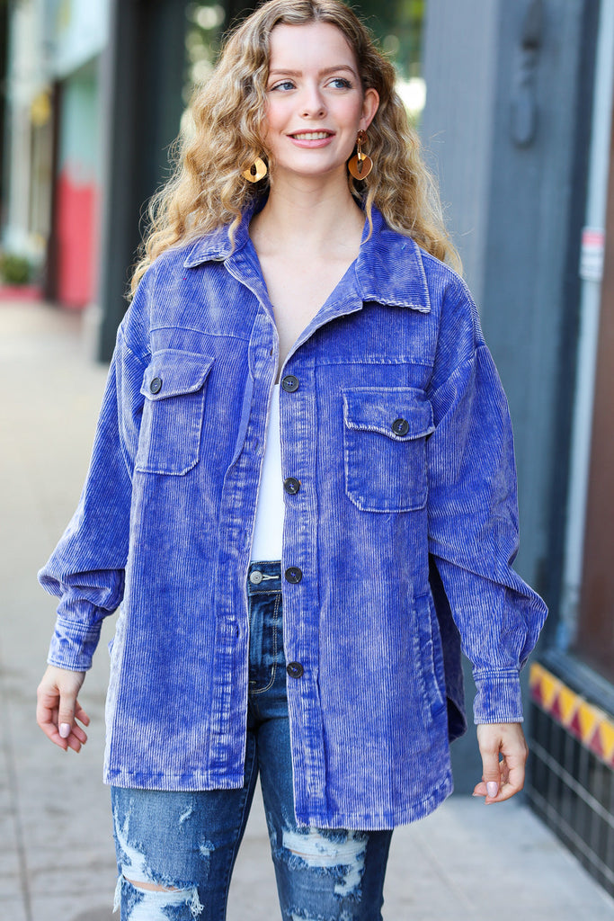 Call On Me Blue Vintage Oversized Corduroy Shacket-Coats & Jackets-Timber Brooke Boutique, Online Women's Fashion Boutique in Amarillo, Texas