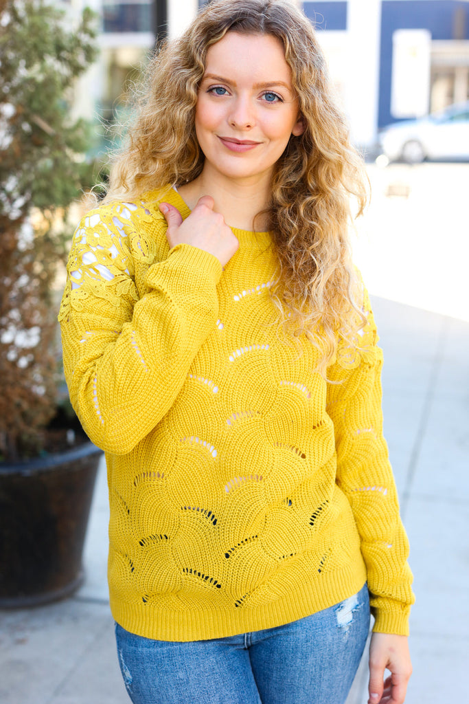 Feeling Fun Mustard Pointelle Lace Shoulder Knit Sweater-Timber Brooke Boutique, Online Women's Fashion Boutique in Amarillo, Texas
