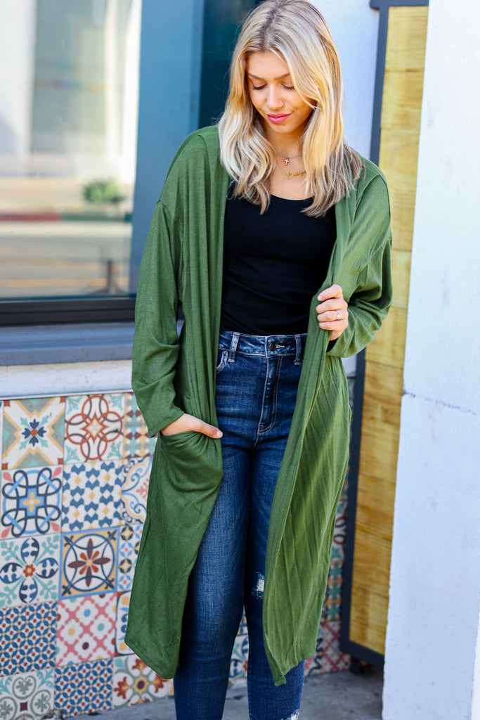 Over The Moon Olive Hacci Midi Open Cardigan-Timber Brooke Boutique, Online Women's Fashion Boutique in Amarillo, Texas