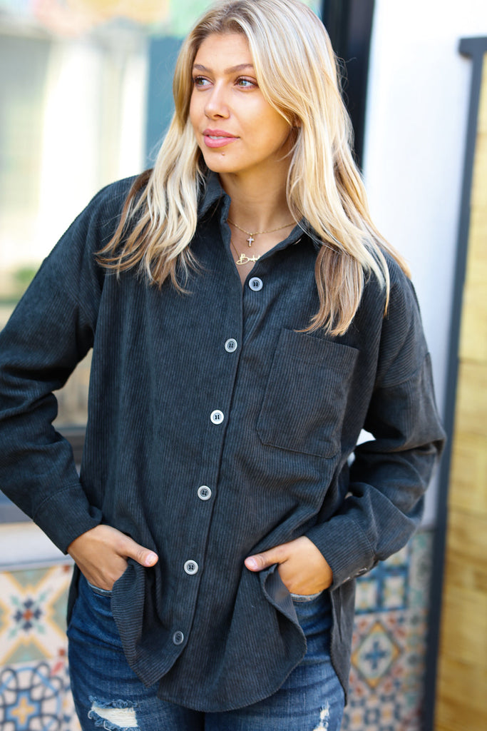 Get To It Ash Grey Corduroy Button Down Shacket-Timber Brooke Boutique, Online Women's Fashion Boutique in Amarillo, Texas
