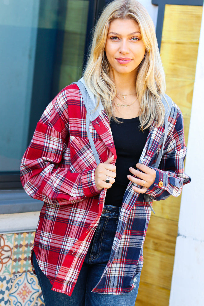 Face the Day Red/Navy Plaid Color Block Hoodie Shacket-Coats & Jackets-Timber Brooke Boutique, Online Women's Fashion Boutique in Amarillo, Texas