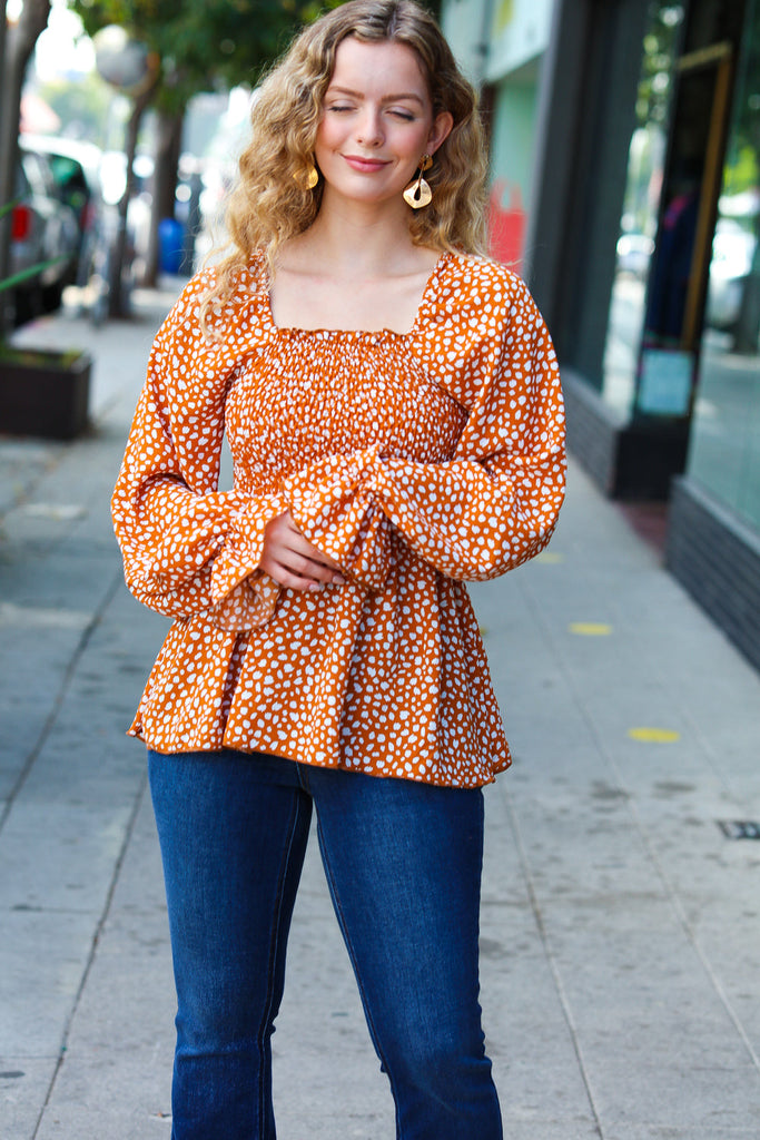 Rust Leopard Print Smocked Ruffle Hem Top-Long Sleeve Tops-Timber Brooke Boutique, Online Women's Fashion Boutique in Amarillo, Texas