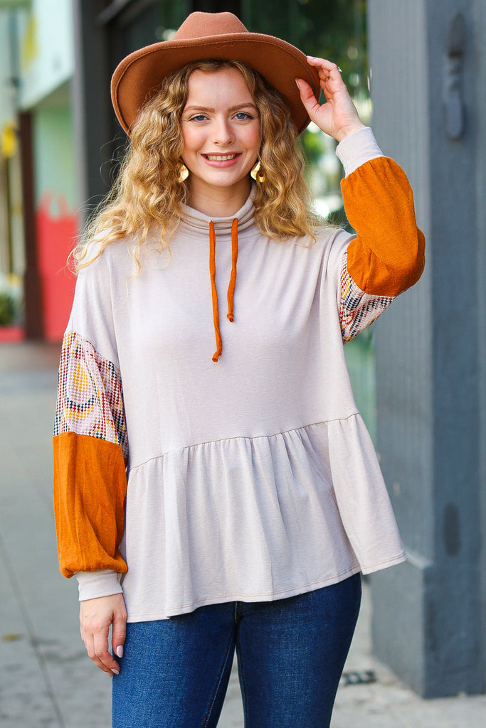 Easy Days Ahead Taupe/Rust Turtleneck Babydoll Terry Top-Long Sleeve Tops-Timber Brooke Boutique, Online Women's Fashion Boutique in Amarillo, Texas