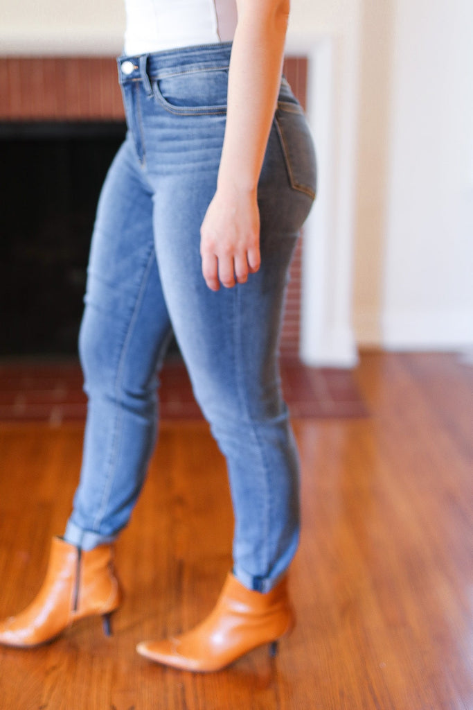 Medium Blue Mid-Rise Slim Fit Cuffed Jeans-Timber Brooke Boutique, Online Women's Fashion Boutique in Amarillo, Texas