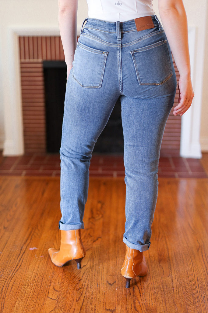 Medium Blue Mid-Rise Slim Fit Cuffed Jeans-Timber Brooke Boutique, Online Women's Fashion Boutique in Amarillo, Texas