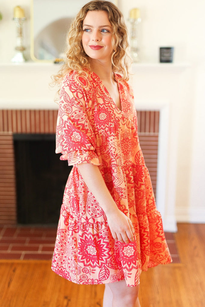 All You Need Peach & Coral Boho Floral V Neck Dress-Timber Brooke Boutique, Online Women's Fashion Boutique in Amarillo, Texas