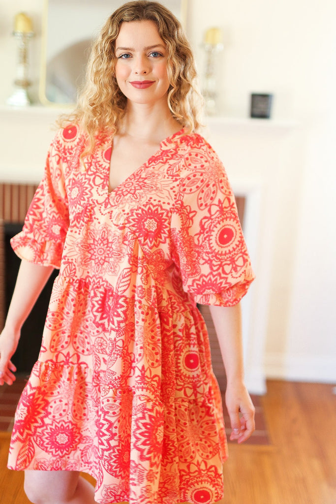All You Need Peach & Coral Boho Floral V Neck Dress-Timber Brooke Boutique, Online Women's Fashion Boutique in Amarillo, Texas