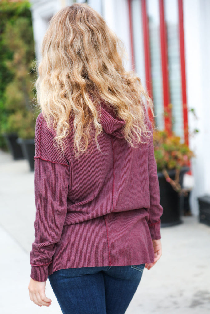 A New Day Burgundy Mineral Wash Rib Knit Hoodie-Timber Brooke Boutique, Online Women's Fashion Boutique in Amarillo, Texas