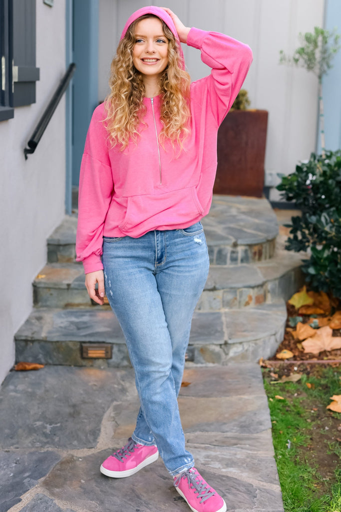 Ready to Relax Hot Pink Half Zip French Terry Hoodie-Timber Brooke Boutique, Online Women's Fashion Boutique in Amarillo, Texas