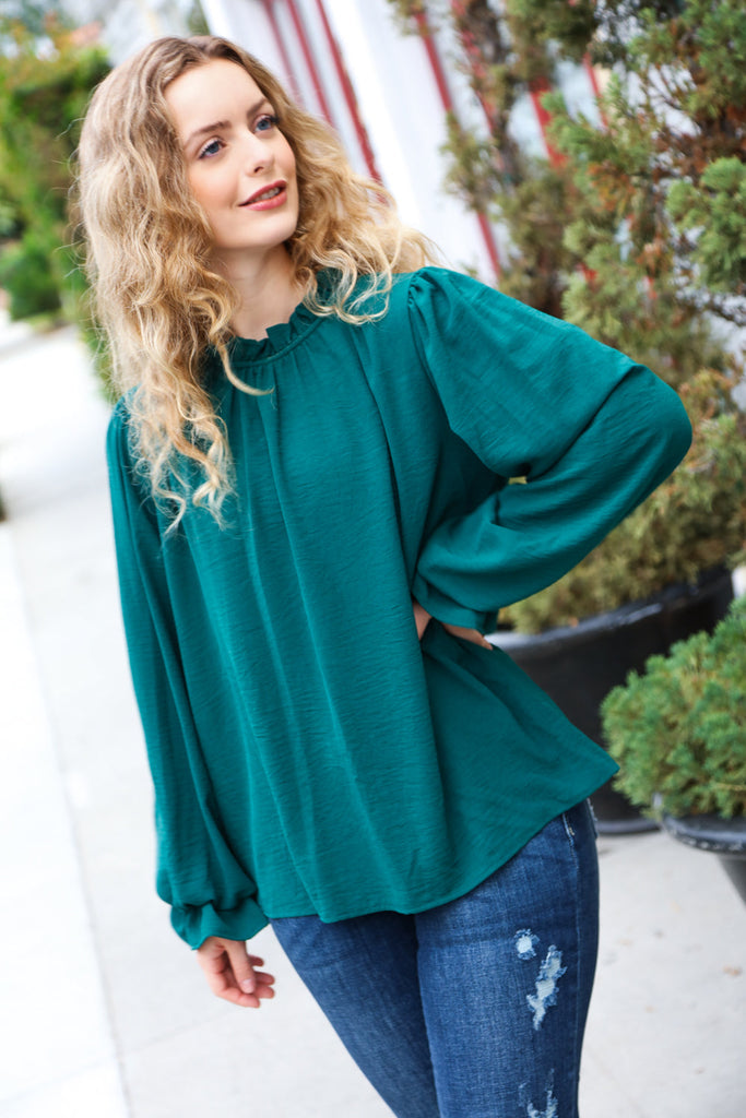 Be Merry Hunter Green Frill Mock Neck Crinkle Top-Timber Brooke Boutique, Online Women's Fashion Boutique in Amarillo, Texas