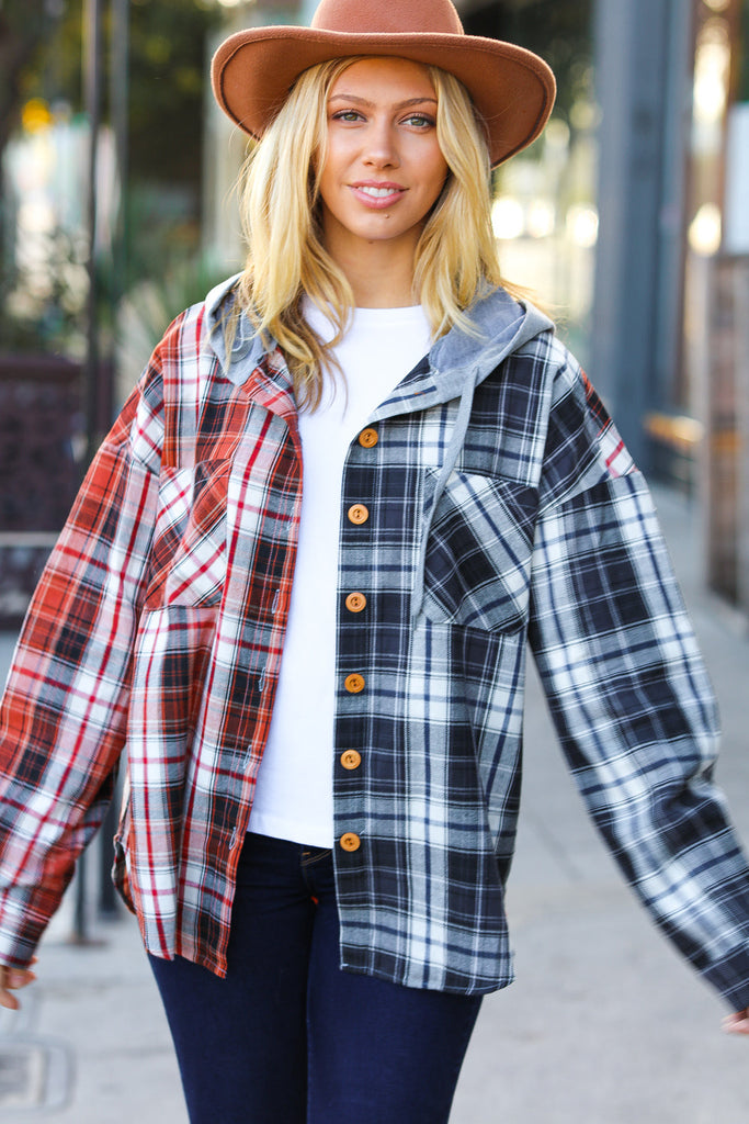All Put Together Rust/Charcoal Plaid Colorblock Hoodie Shacket-Coats & Jackets-Timber Brooke Boutique, Online Women's Fashion Boutique in Amarillo, Texas